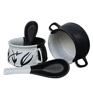 KHURJA POTTERY Ceramic Hand Painted 300ml Soup Bowls with Spoons Set of 2 (Black and White)