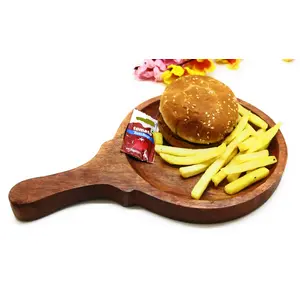 KHURJA POTTERY Wooden Platter or Tray to Serve Burger Pizza Salad Snacks Size-8.5inch (Round)