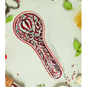 KHURJA POTTERY Ceramic Red/Golden Brown Printed Hand Painted Spoon Rest or Holder for Kitchen or Dinning Table