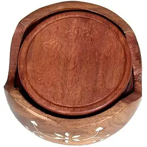 MARBLE INLAY ART AGRA - PACCHIKARI Lotus Design Decorative Round Wood Coaster Set (Pack of 6)