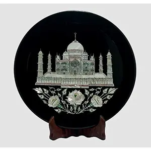 MARBLE INLAY ART AGRA - PACCHIKARI Black Marble Taj Mahal Inlay Decorative Plate for Increase The Beauty of Your Shelf and Cabinet. Size - 10 x 10 inch