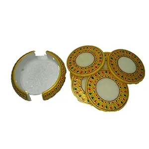 MARBLE INLAY ART AGRA - PACCHIKARI Marble Coaster 6 Pieces Elegant Table top Inlay Work Round Shape 4 inch 10 cm
