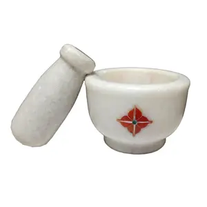MARBLE INLAY ART AGRA - PACCHIKARI Marble Mortar and Pestle Set Kharal Khalbatta Spices Grinder with Inlay Work for Your Kitchen. Size 3 x 3 inch