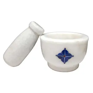 MARBLE INLAY ART AGRA - PACCHIKARI Handcrafted Exclusive Marble Mortar and Pestle Set Kharal Khalbatta Spices Grinder with Inlay Work. (Size 3 x 3 inch)