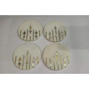 MARBLE INLAY ART AGRA - PACCHIKARI White Marble Mix Brass & Mother of Pearls Inlay Coaster Set of 4 pcs Round Shape Customize Marble Work by"VL International" (White)