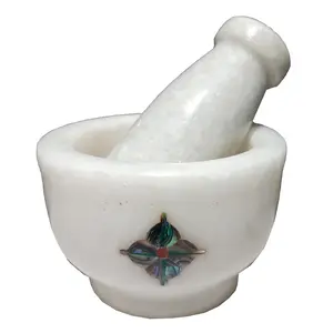 MARBLE INLAY ART AGRA - PACCHIKARI Handcrafted Marble Mortar and Pestle Set with Inlay Work for Your Kitchen and Perfect Gifts. Size 3 x 3 inch