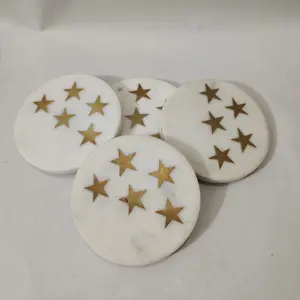 MARBLE INLAY ART AGRA - PACCHIKARI White Marble Coaster Round and Stars Shape Brass Inlay (Set of 4) for Cups Mugs Glasses
