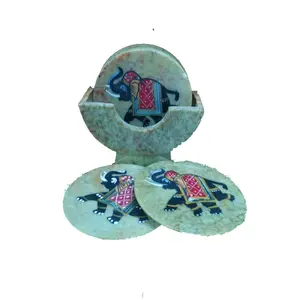 MARBLE INLAY ART AGRA - PACCHIKARI Marble Coasters 6 Pieces Inlay Work Elephant Print Table Decor.