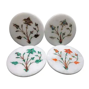 MARBLE INLAY ART AGRA - PACCHIKARI Handcrafted Marble Inlay Coaster Tile. (Size - 3.5 x 3.5 inch)