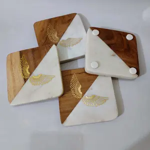 MARBLE INLAY ART AGRA - PACCHIKARI This Beautifully White Marble & Wood Sqr Wings Brass Metal Sticker Design Coasters (Set of 4) for Cups Mugs Glasses (White with Wings)