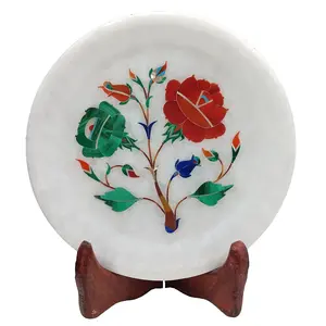 MARBLE INLAY ART AGRA - PACCHIKARI Handcrafted Marble Decorative Plate with Inlay Work for Home Office and Perfect for Gifting. Size - 5 x 5 inch.