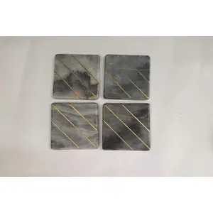 MARBLE INLAY ART AGRA - PACCHIKARI Marble Mix Brass Inlay Coaster Set of 4 pcs Square Shape Customize Marble Work by"VL International" (Grey)