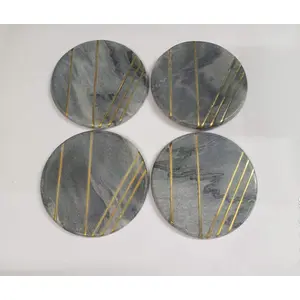 MARBLE INLAY ART AGRA - PACCHIKARI Grey Marble Mix Brass Inlay Coaster Set of 4 pcs Round Shape Customize Marble Work by"VL International" (Grey)