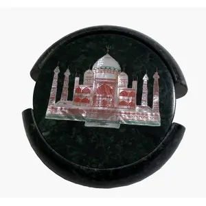MARBLE INLAY ART AGRA - PACCHIKARI Exclusive Marble Coaster Set with Inlay Work for Home Office and Perfect for Gifting. (Size - 4 x 4 inch Round)