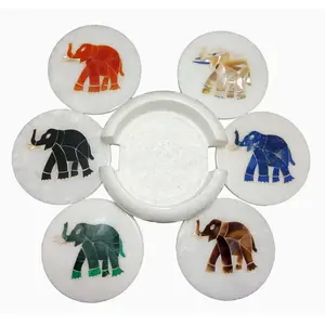 Exclusive Trank Up Elephant Inlay Marble Coaster Set/Coaster for Cups Perfect Arts of Agra. (Size - 4 x 4 inch Round)