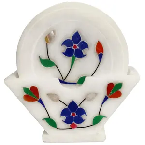 MARBLE INLAY ART AGRA - PACCHIKARI Gemstone Inlay Marble Coasters (Set of 6): Flower Garden (12113)