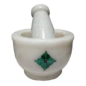 MARBLE INLAY ART AGRA - PACCHIKARI Handcrafted Marble Mortar and Pestle Set with Inlay Work for Your Kitchen and Perfect Gifts. (Size 3 x 3 inch)