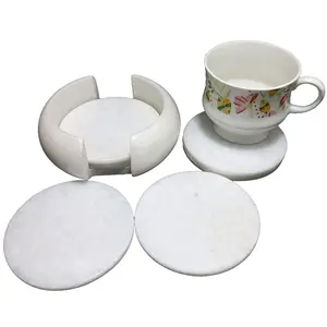 MARBLE INLAY ART AGRA - PACCHIKARI Marble Coaster Set / for Drinks Set of 6 Coaster with Holder. (White)