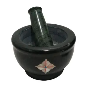 MARBLE INLAY ART AGRA - PACCHIKARI Marble Mortar and Pestle Set Kharal Khalbatta Spices Grinder with Inlay Work for Your Kitchen and Perfect Gifts. Size 4 x 4 inch