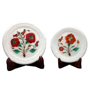 MARBLE INLAY ART AGRA - PACCHIKARI Handcrafted Marble Decorative Plate Set of 2 with Inlay Work for Home Perfect for Gifting. ( Set of 2 - Size 7 and 6 inch )