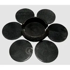 MARBLE INLAY ART AGRA - PACCHIKARI Marble Coaster Set Perfect for Home Office and Diwali Gifts (Size - 4 x 4 inch Round Set of 6 Pieces) Black