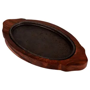 MARBLE INLAY ART AGRA - PACCHIKARI Wood Oval Base Sizzler Plate with Dish - 1 Pc Brown