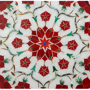 Handmade White Marble Rangoli Design Decorative Plate with Inlay Work for Home Office and Perfect for New Year Gift. (Size - 12 x 12 inch Round)