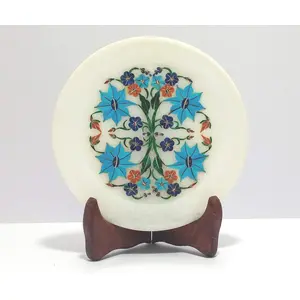 MARBLE INLAY ART AGRA - PACCHIKARI White Marble Multicolor Inlaid 5 x 5 inch Plate for Decorative Showpiece in Home Office and Perfect for Gifting.