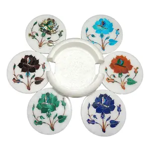 Handcrafted Marble Coaster Set with Inlay Work Perfect Choice for Home and Office Use. (Size 4 x 4 inch) Round