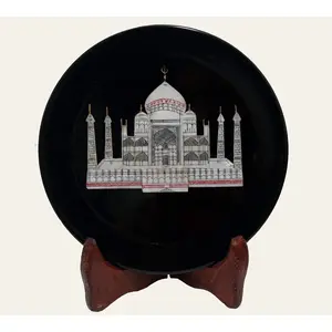 MARBLE INLAY ART AGRA - PACCHIKARI Black Marble Taj Mahal Inlaid with Mother of Pearl Decorative Plate for Increase The Beauty of Your Shelf and Cabinet. (5 x 5 inch)