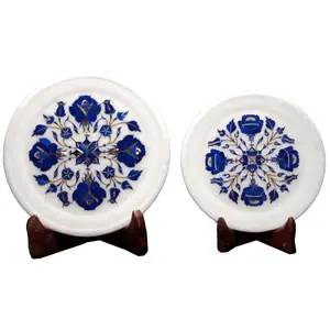 MARBLE INLAY ART AGRA - PACCHIKARI Handcrafted Marble Plate Set with Inlay Work for Home Office Perfect for Gifting. (Set of 2 - Size 7 & 6 inch)