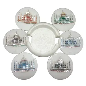 MARBLE INLAY ART AGRA - PACCHIKARI Handmade Marble Coaster Set with Inlay Work. Size: 4 x 4 inch ( Container Size)