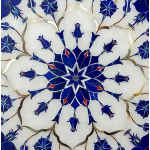 MARBLE INLAY ART AGRA - PACCHIKARI White Marble Decorative Plate with Inlay Work for Home Office and Perfect for New Year Gift. (Size - 12 x 12 inch Round)