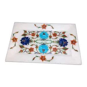 MARBLE INLAY ART AGRA - PACCHIKARI Handcrafted White Marble Decorative and Serving Tray with Inlay Work. Size - 6 x 9 inch Rectangular.