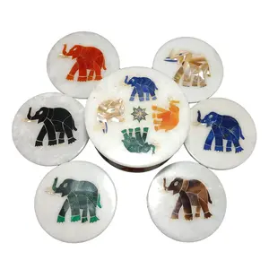 MARBLE INLAY ART AGRA - PACCHIKARI Handcrafted Marble Coaster Set/Coaster for Cups with Inlay Work Perfect Choice to Protect Your Table.(Size - 4.5 x 4.5 inch)
