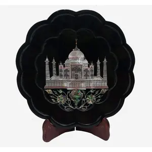 MARBLE INLAY ART AGRA - PACCHIKARI Handcrafted Exclusive Black Marble Inlay Decorative Plate for Home Office and Nice Gifts. Size - 9 x 9 inch