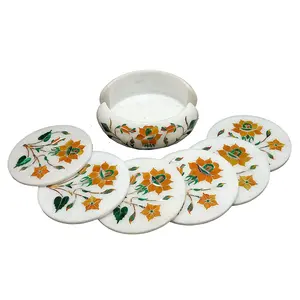 Handcrafted Round White Marble Coaster Sets with Holders Perfect Choice to Protect Your Table.(Set of 6) (Size - 4 x 4 inch Round)
