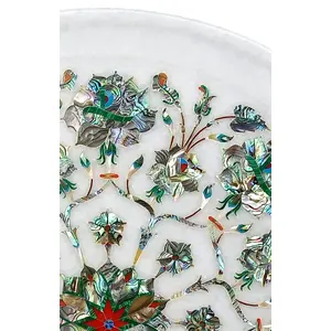 White Marble Decorative Plate with Inlay Work for Home Office and Perfect for New Year Gift. (Size - 12 x 12 inch Round)