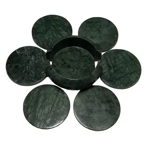 MARBLE INLAY ART AGRA - PACCHIKARI Marble Coaster Set for Diwali. (Size - 4 x 4 inch Set of 6 Pieces Round) Green