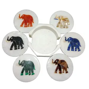 Exclusive Semi Pricious Stone Inlay Elephant Marble Coaster Set/Coaster for Cups. (Size - 4 x 4 inch Octagonal)