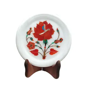 MARBLE INLAY ART AGRA - PACCHIKARI Handcrafted Marble Decorative Plate with Inlay Work for Home Office and Gifts. Size - 5 x 5 inch.