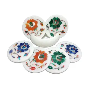 Handcrafted Marble Inlay Coaster Set Perfect Choice to Protect Your Table. (Size - 4 x 4 inch Round)