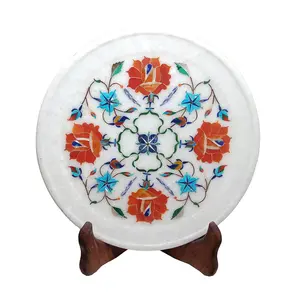 MARBLE INLAY ART AGRA - PACCHIKARI White Marble Plate Decorative Showpiece for Home Office and Perfect for Gifting. Size - 9 x 9 inch