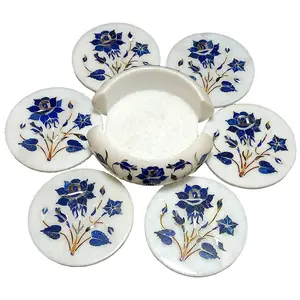 MARBLE INLAY ART AGRA - PACCHIKARI Handcrafted White Marble Inlay Round Coaster Set Size: 4 x 4 inch (Container Size)