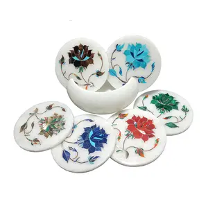 MARBLE INLAY ART AGRA - PACCHIKARI Handcrafted Marble Coaster/Cups Holder with Inlay Work Set. Size: 4 x 4 inch (Container Size)