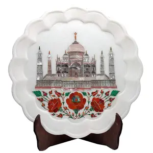 MARBLE INLAY ART AGRA - PACCHIKARI Handcrafted White Marble Taj Mahal Decorative Plate. Size : 12 x 12 inch