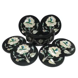 Handcrafted Black Marble Inlay Coaster Sets with Holders Perfect Choice to Protect Your Table.(Set of 6) (Size - 4 x 4 inch Round)
