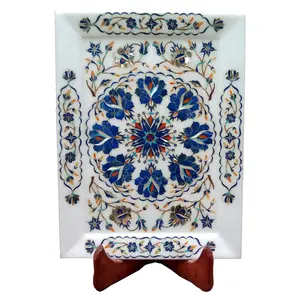 MARBLE INLAY ART AGRA - PACCHIKARI Handcrafted White Marble Decorative and Serving Tray for Home Office. Size - 9 x 12 inch