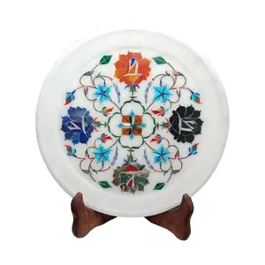 MARBLE INLAY ART AGRA - PACCHIKARI Handcrafted Marble Plate with Inlay Work Best for Home Office and Gifts. ( Size - 9 x 9 inch Round )