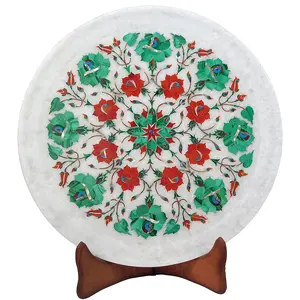 Handmade Marble Decorative Plate with Inlay Work for Home Office and Perfect for New Year Gift. (Size - 12 x 12 inch Round)